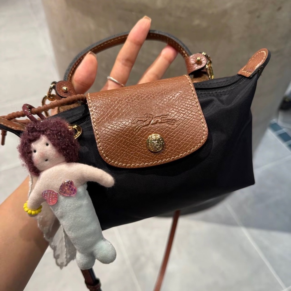 Longchamp Black Nylon Mini Bag with Brown Leather Trim and Gold Hardware